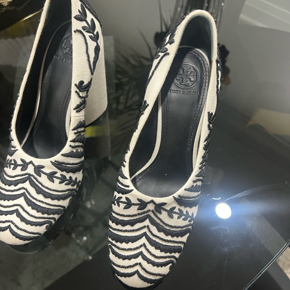 Tory Burch Black and White Embroidered Heeled Boots - Picture 4 of 4
